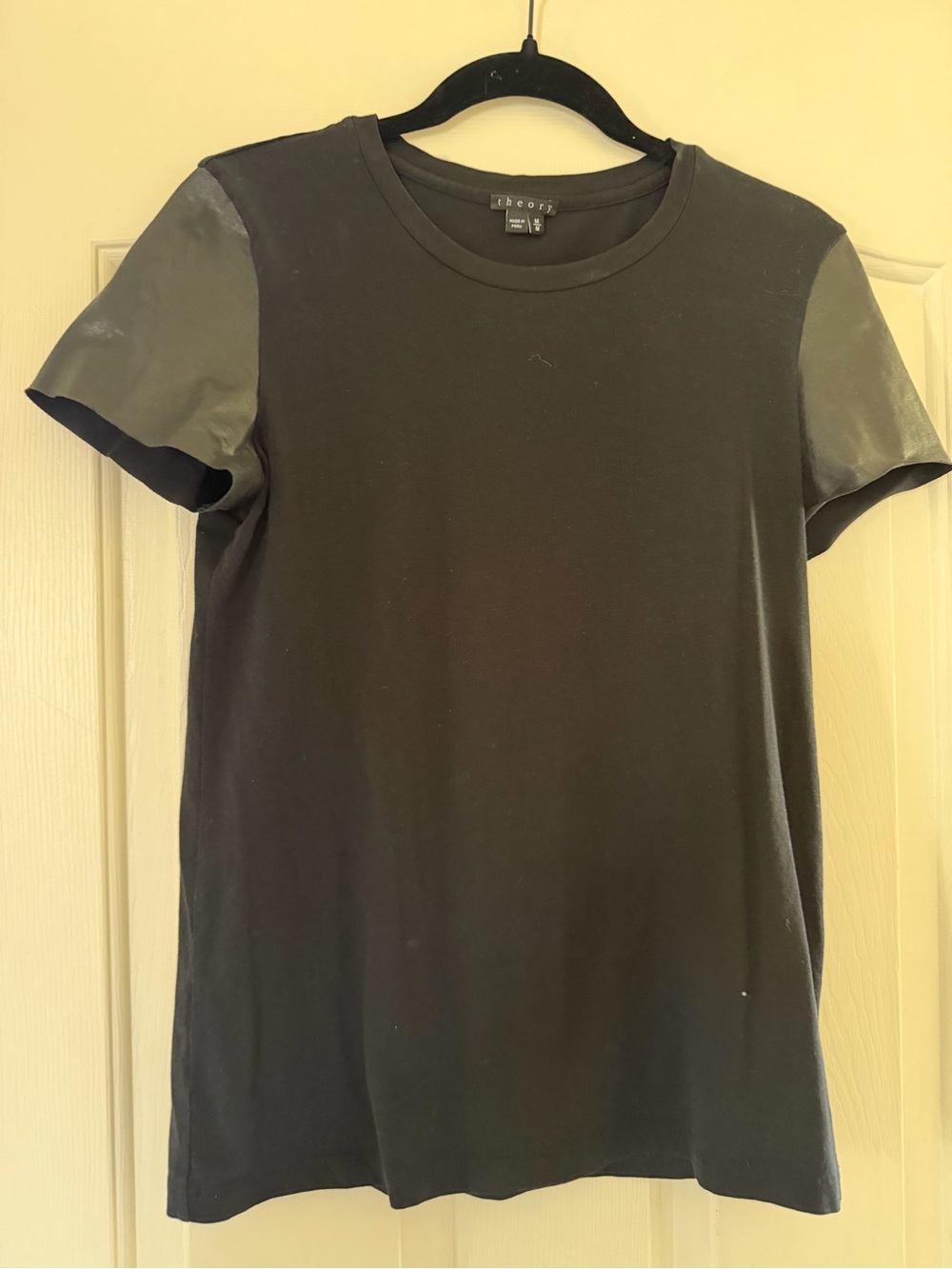 Theory Black Tee with Leather-Look Sleeve Panels